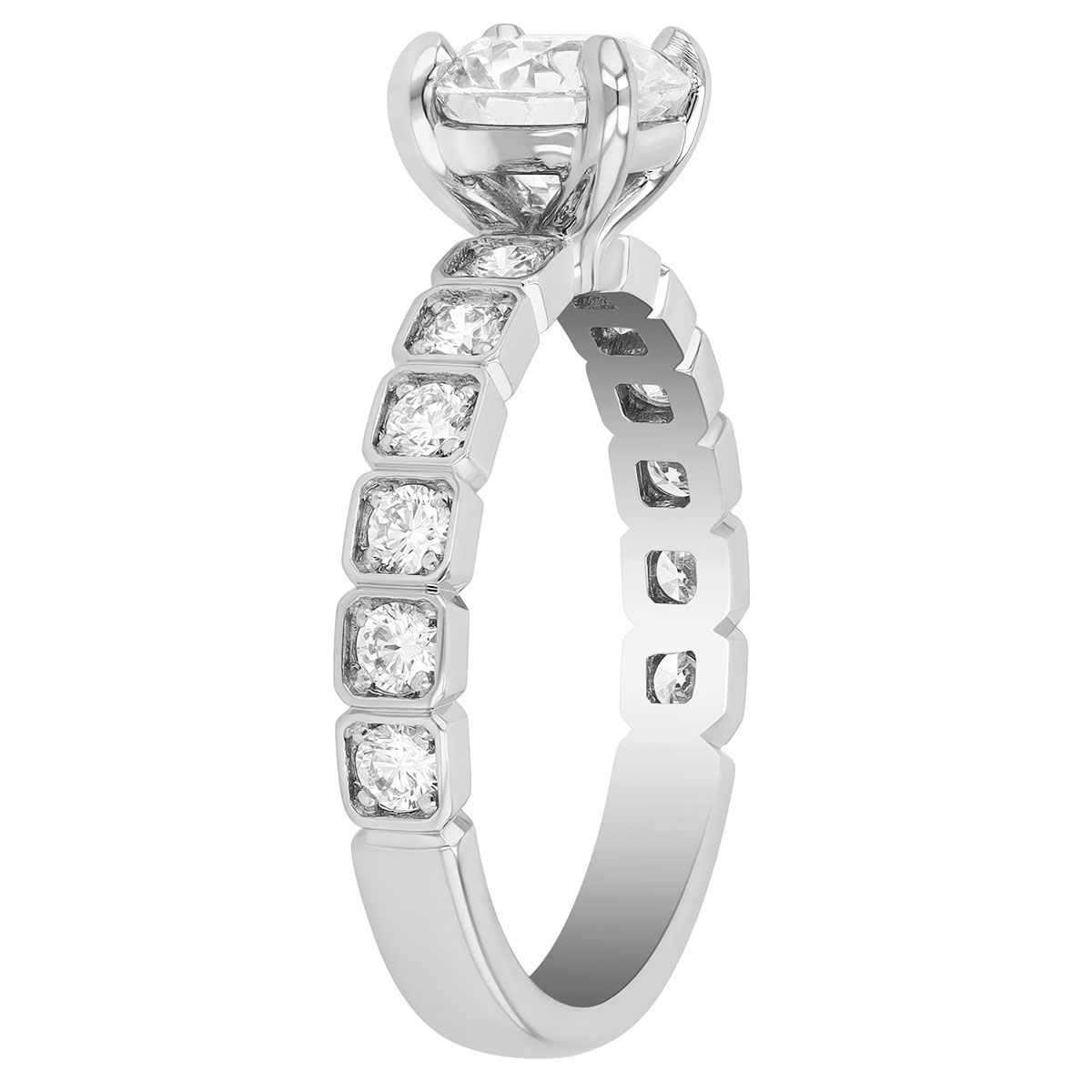 Round Diamond Engagement Ring with Square Bezel Shank in 18K White Gold, Size 6