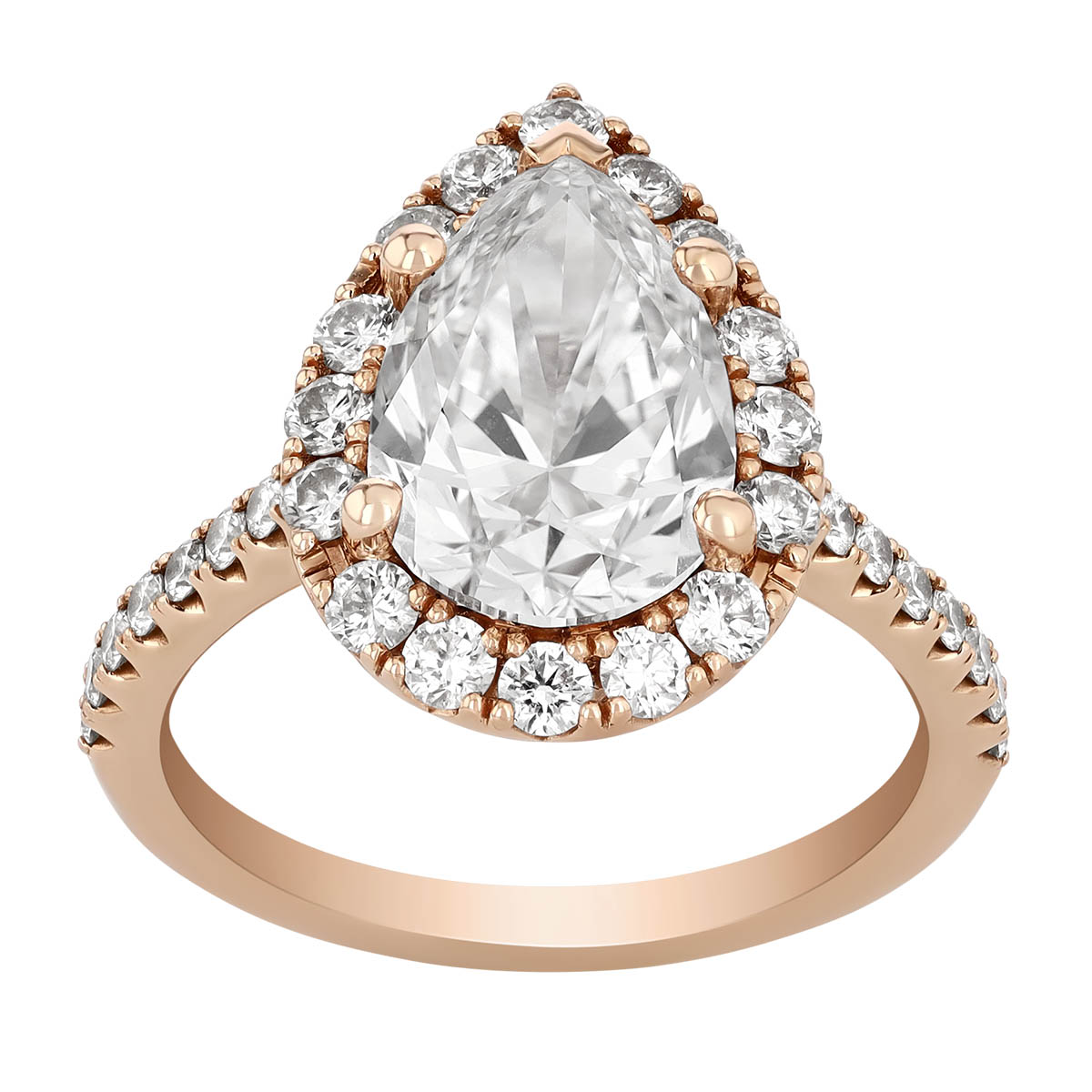 Pear Shape Diamond & Halo Engagement Ring in Rose Gold, 3.78 cttw, Size 6.5