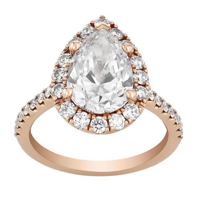 Pear Shape Diamond & Halo Engagement Ring in Rose Gold, 3.78 cttw, Size 6.5
