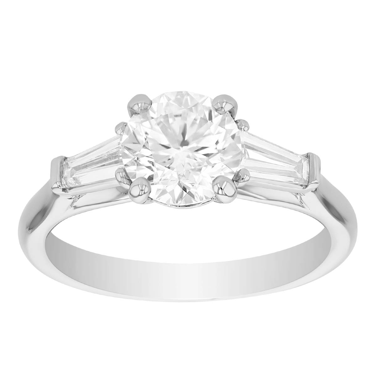 Round & Tapered Baguette Diamond 3 Stone Engagement Ring in 18K White Gold