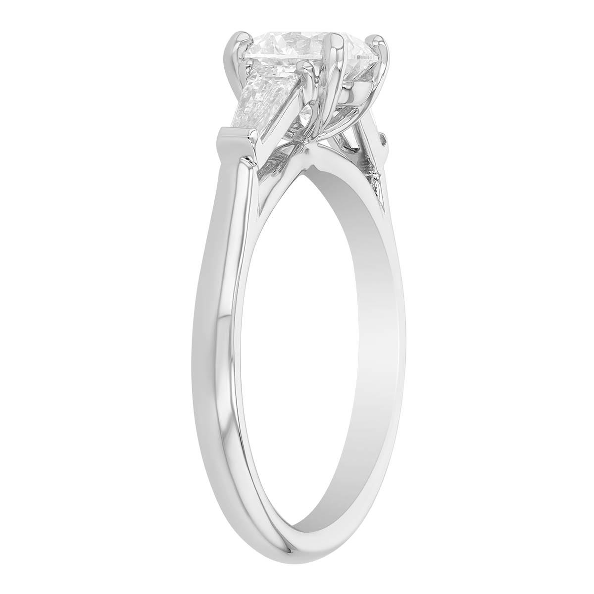Round & Tapered Baguette Diamond 3 Stone Engagement Ring in 18K White Gold
