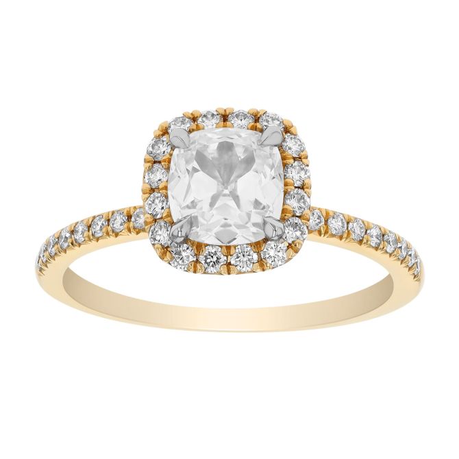 Cushion Cut Diamond & Halo Side Stone Engagement Ring in Yellow Gold