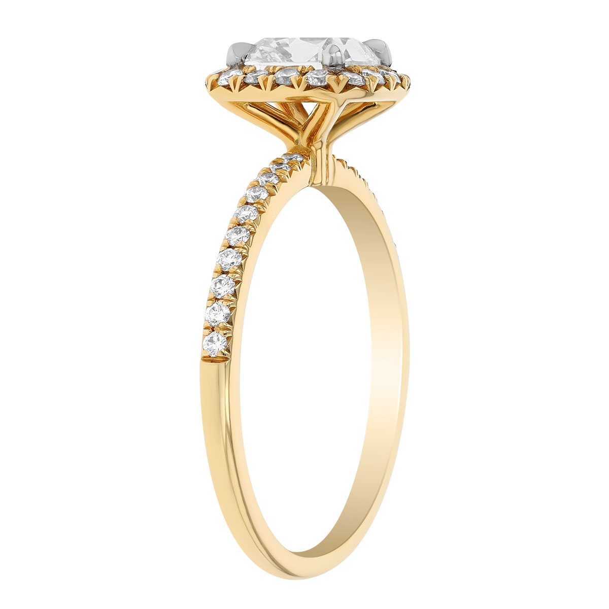 Cushion Cut Diamond & Halo Side Stone Engagement Ring in Yellow Gold