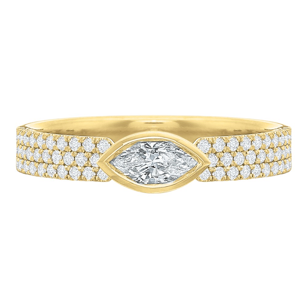 Marquise Cut Bezel Set Diamond Engagement Ring with Pave Band in 18K Yellow Gold