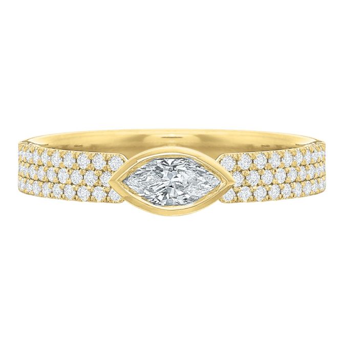 Marquise Cut Bezel Set Diamond Engagement Ring with Pave Band in 18K Yellow Gold