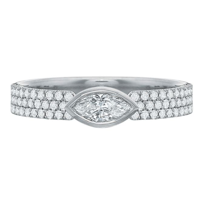 Marquise Cut Bezel Set Diamond Engagement Ring with Pave Band in Platinum