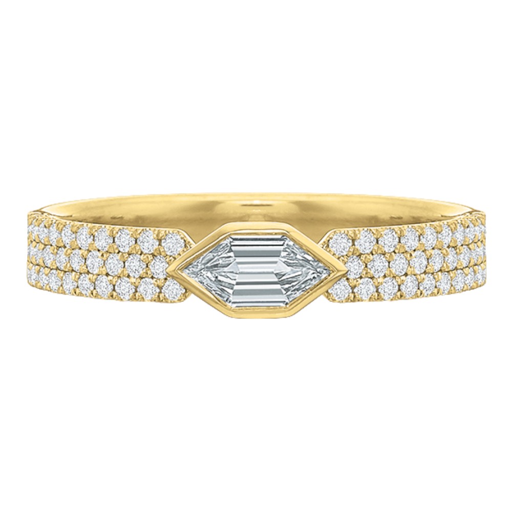 Hexagon Cut Bezel Set Diamond Engagement Ring with Pave Band in 18K Yellow Gold