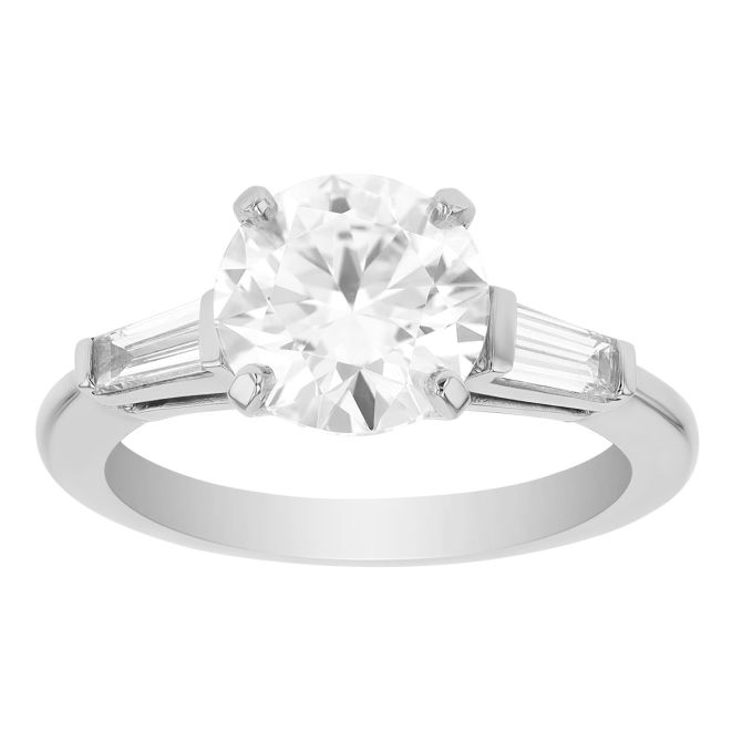 Round & Tapered Baguette Diamond 3 Stone Engagement Ring in Platinum