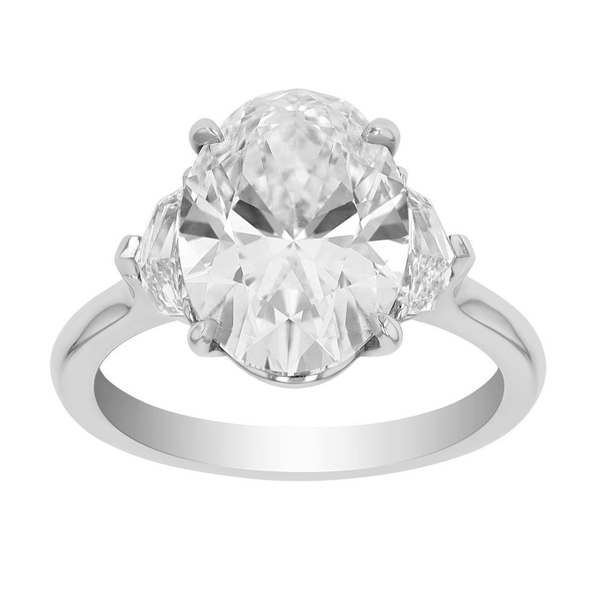 Oval & Epaulet Diamond 3 Stone Engagement Ring in Platinum, 4.69 cttw