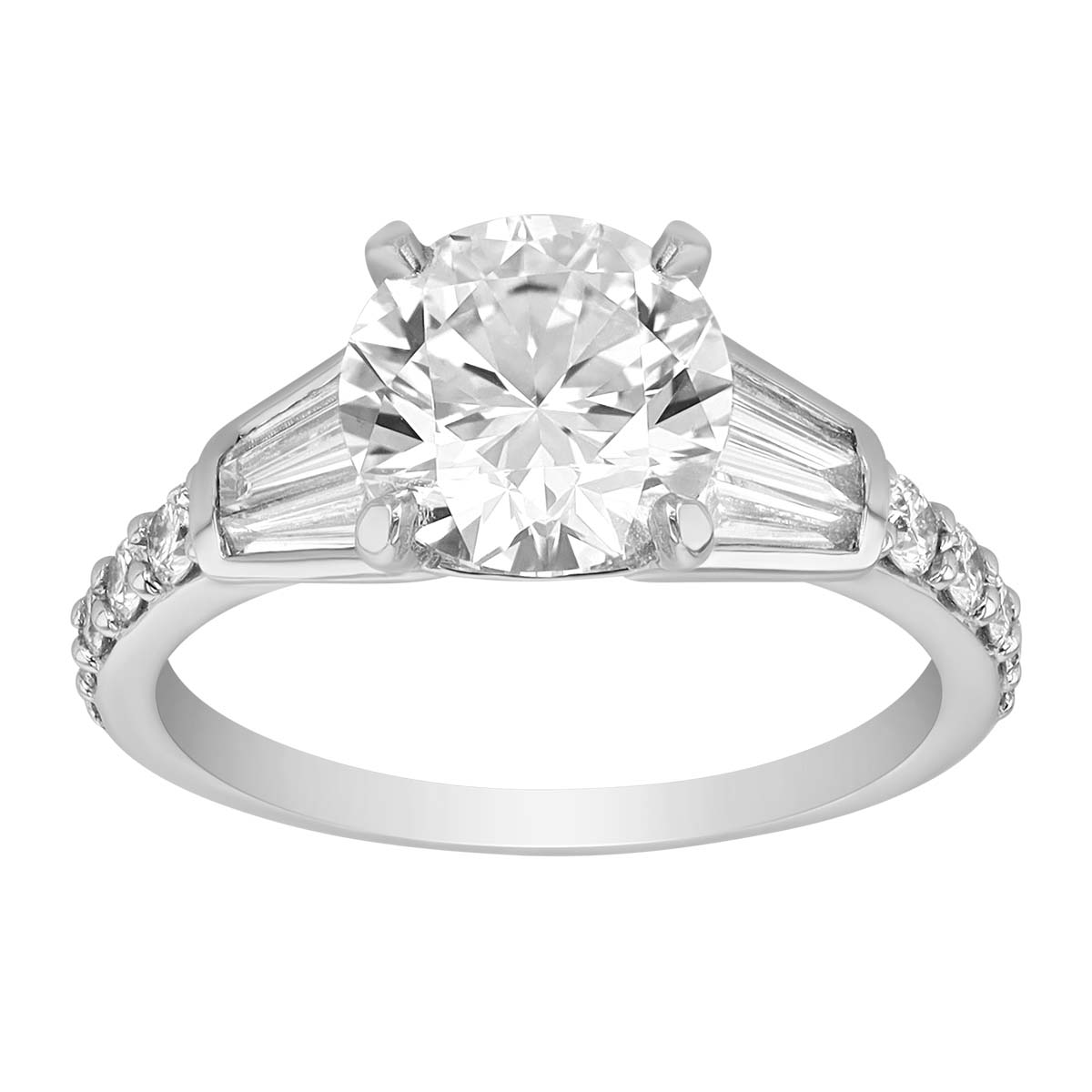 Round & Tapered Baguette Diamond Engagement Ring in White Gold, 2.92 cttw, Size 6