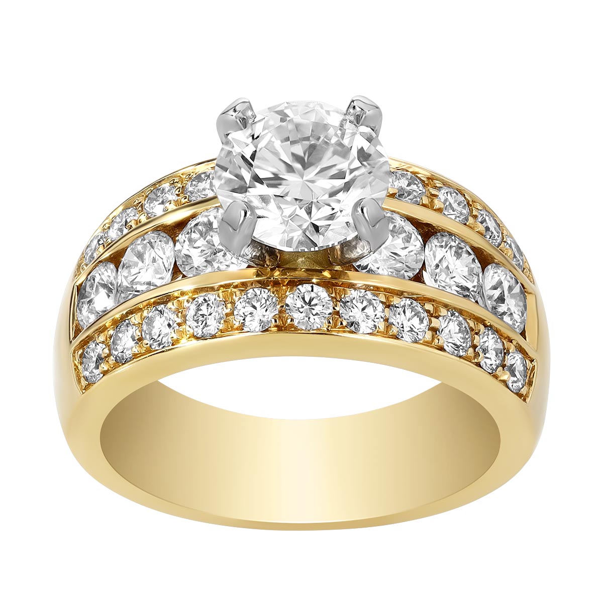 Round Diamond 3 Row Engagement Ring in Two Tone, 3.00 cttw, Size 6.5