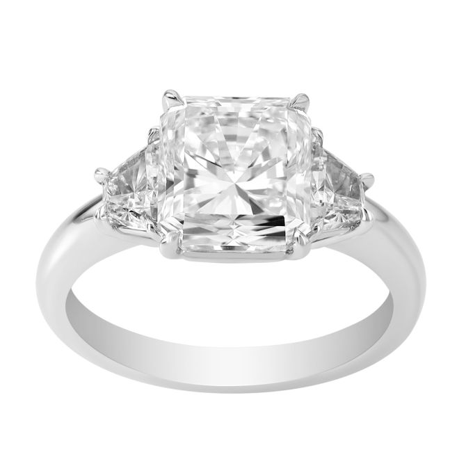 Radiant & Trapezoid Cut Diamond 3 Stone Engagement Ring in Platinum, 4.03 cttw