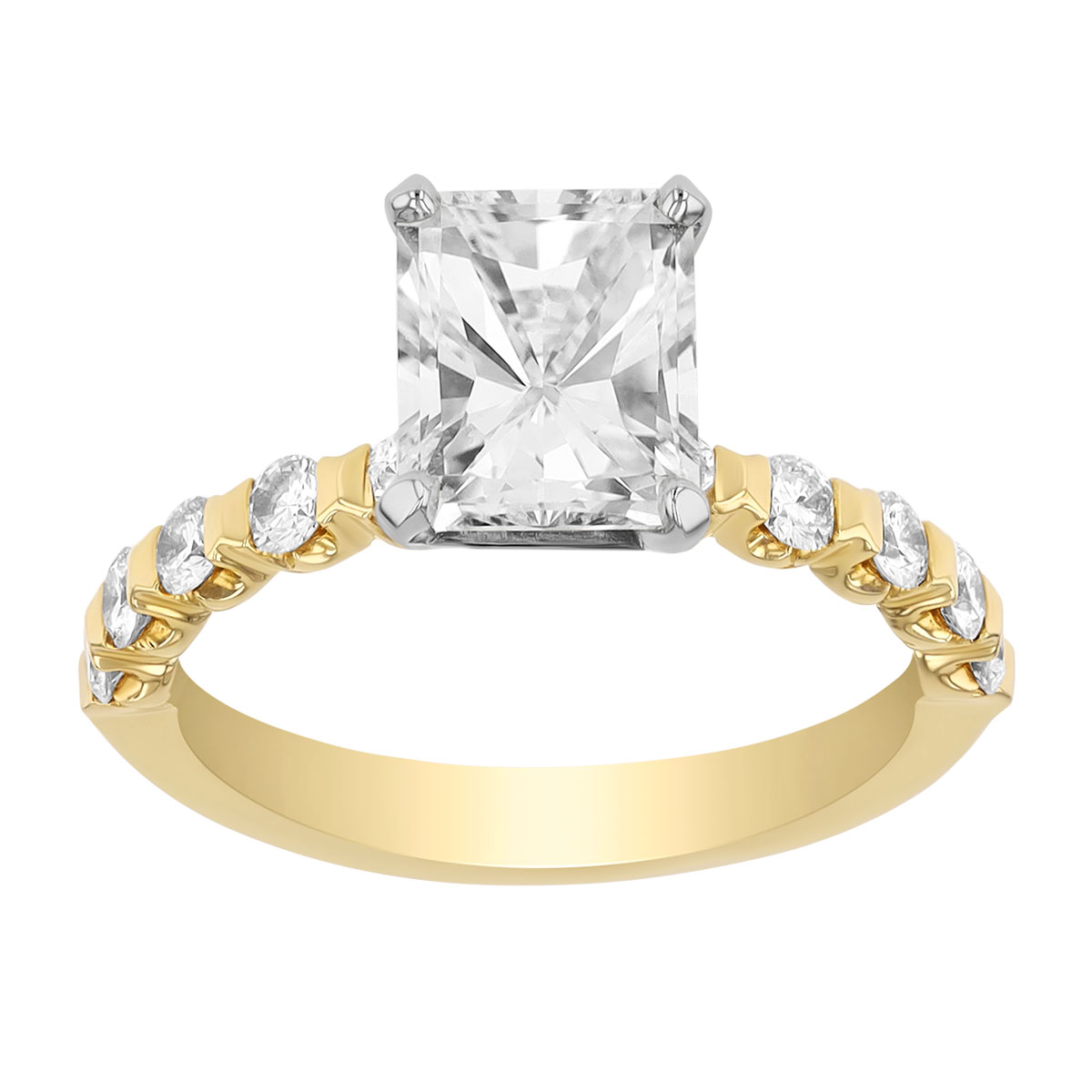 Radiant Cut Diamond & Shared Prong Diamond Side Stone Engagement Ring in Yellow Gold, 1.95 cttw, Siz
