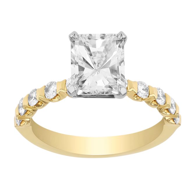 Radiant Cut Diamond & Shared Prong Diamond Side Stone Engagement Ring in Yellow Gold, 1.95 cttw, Siz