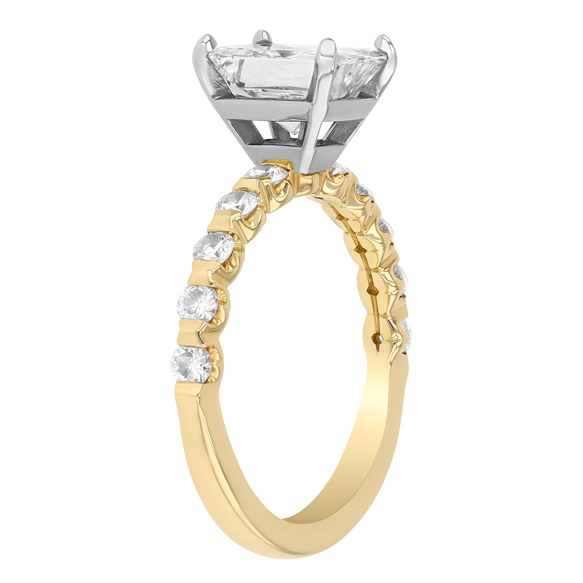 Radiant Cut Diamond & Shared Prong Diamond Side Stone Engagement Ring in Yellow Gold, 1.95 cttw, Siz