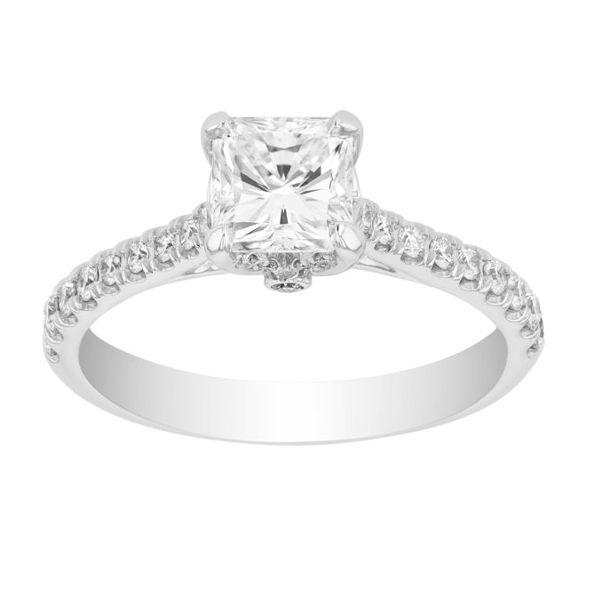 Radiant Cut Diamond & Side Stone Engagement Ring in White Gold, 1.27 cttw, Size 6.5
