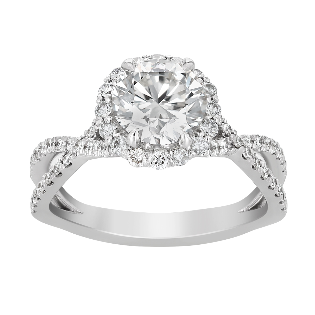 Round Diamond & Halo Twisted Band Engagement Ring in White Gold