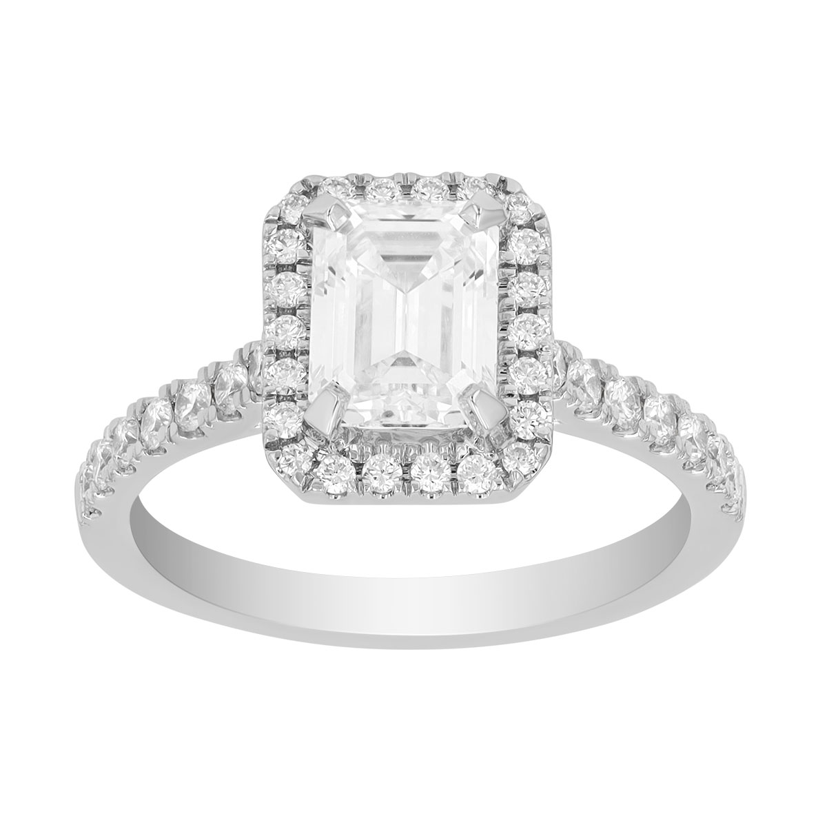 Lab-Grown Emerald Cut Diamond & Halo Engagement Ring in White Gold, 2.26 cttw
