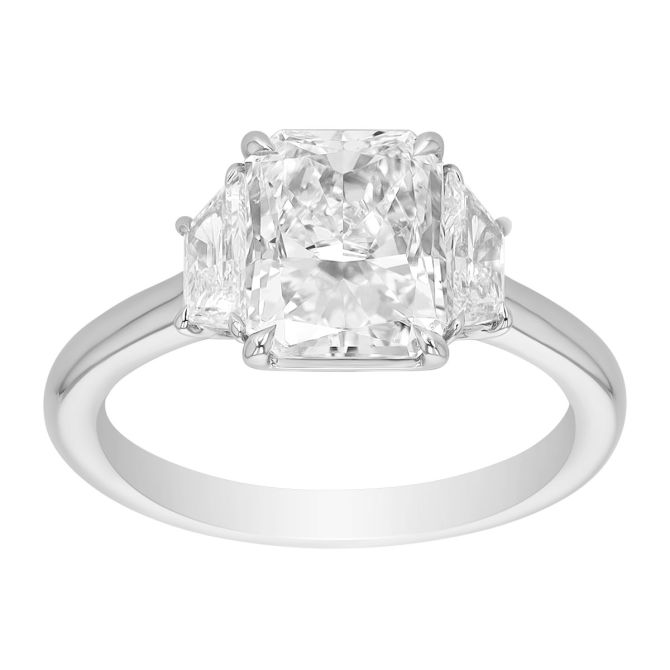 Radiant & Trapezoid Cut Diamond 3 Stone Engagement Ring in Platinum, 2.96 cttw