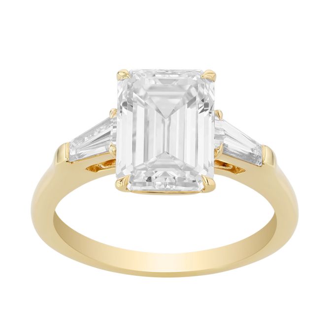Emerald Cut & Tapered Baguette Diamond 3 Stone Engagement Ring in Yellow Gold, 3.44 cttw