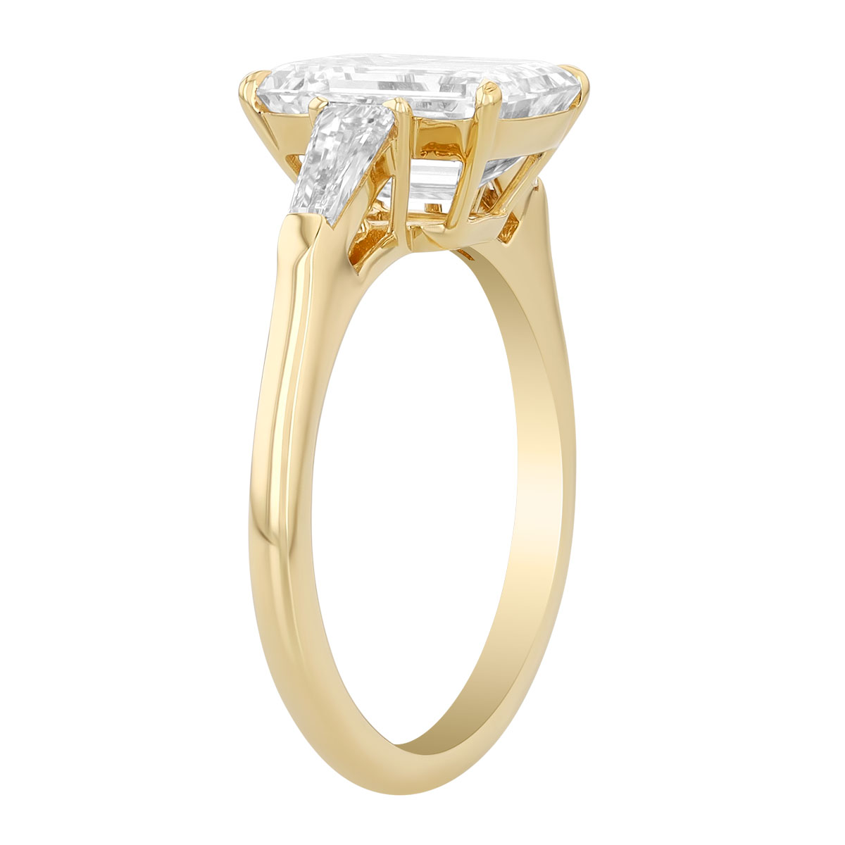 Emerald Cut & Tapered Baguette Diamond 3 Stone Engagement Ring in Yellow Gold, 3.44 cttw