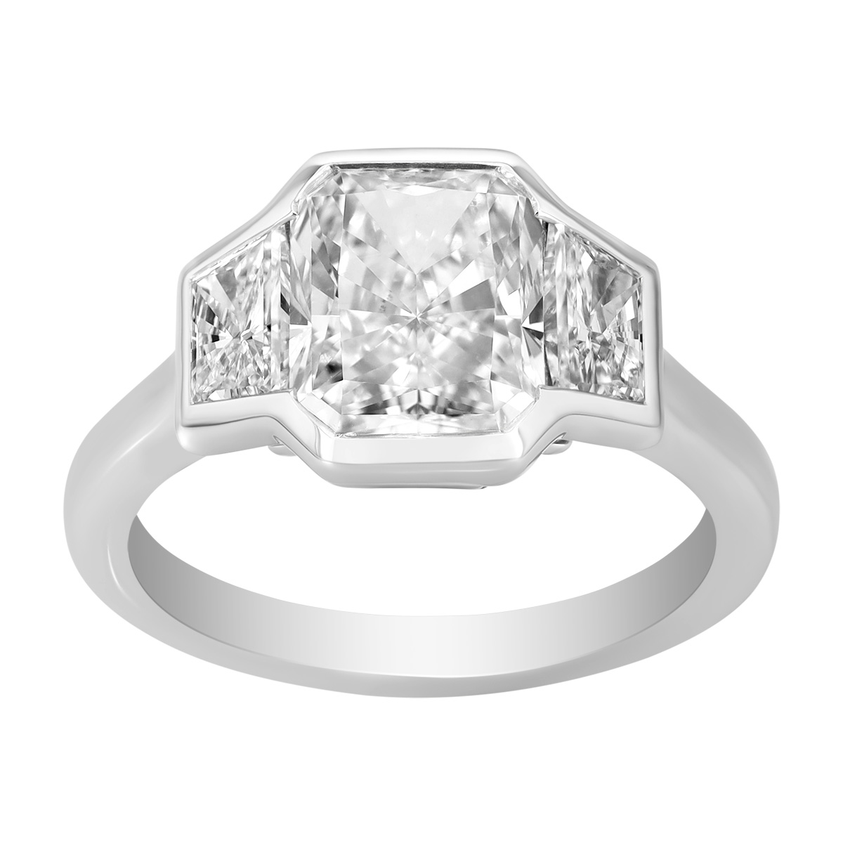 Radiant & Trapezoid Diamond 3 Stone Channel Set Engagement Ring in Platinum, 3.41 cttw