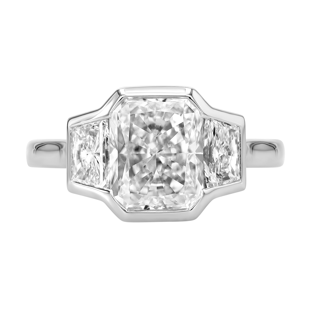 Radiant & Trapezoid Diamond 3 Stone Channel Set Engagement Ring in Platinum, 3.41 cttw