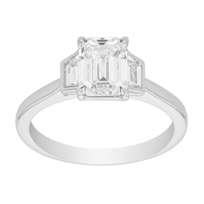 Emerald Cut & Trapezoid Diamond 3 Stone Engagement Ring in White Gold, 1.90 cttw
