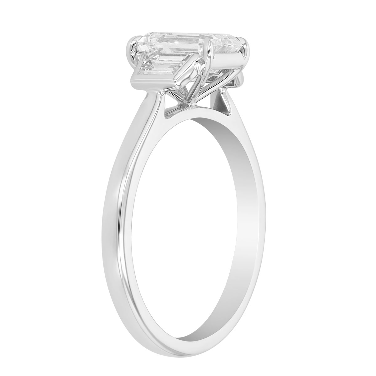Emerald Cut & Trapezoid Diamond 3 Stone Engagement Ring in White Gold, 1.90 cttw