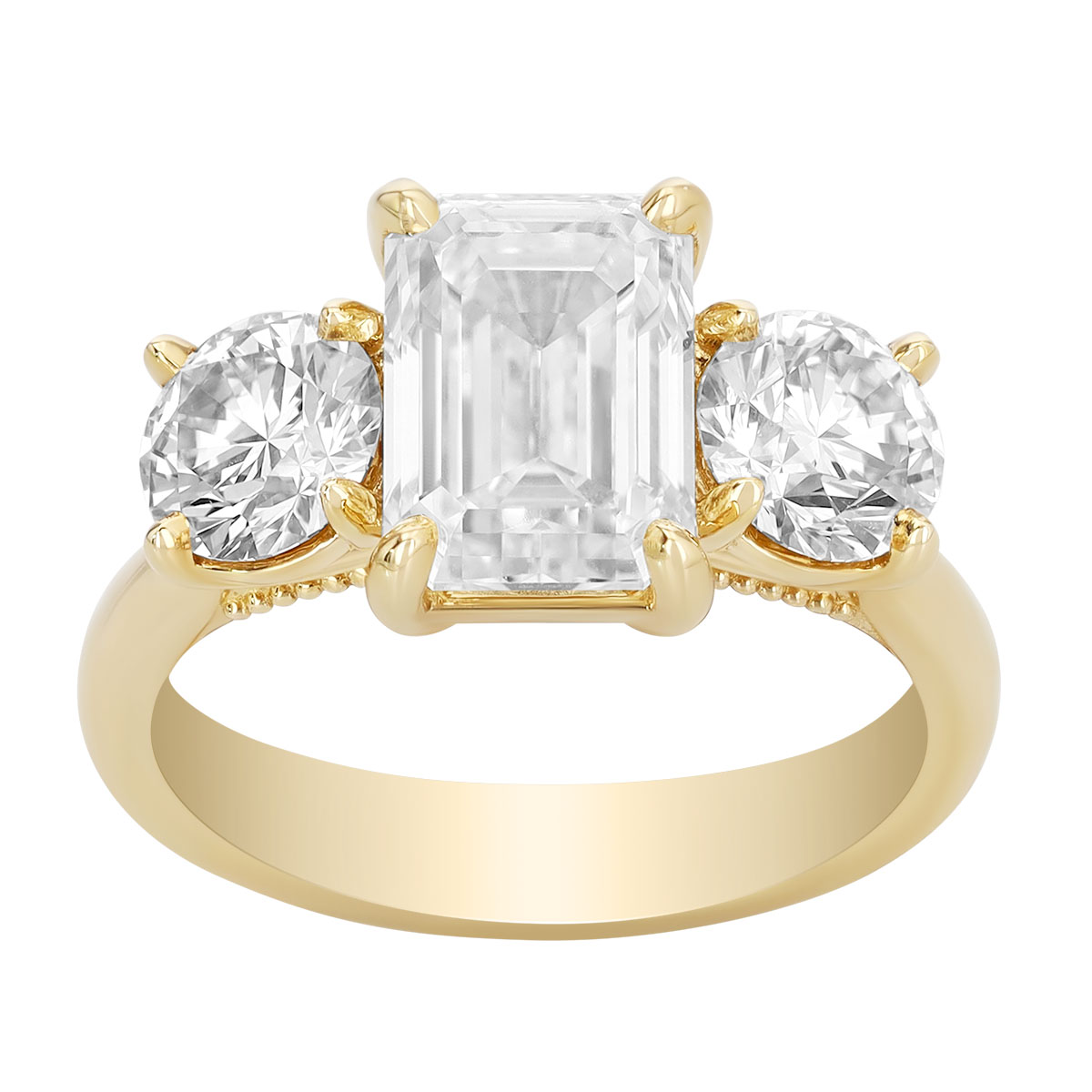Emerald Cut & Round Diamond 3 Stone Engagement Ring in Yellow Gold, 4.52 cttw