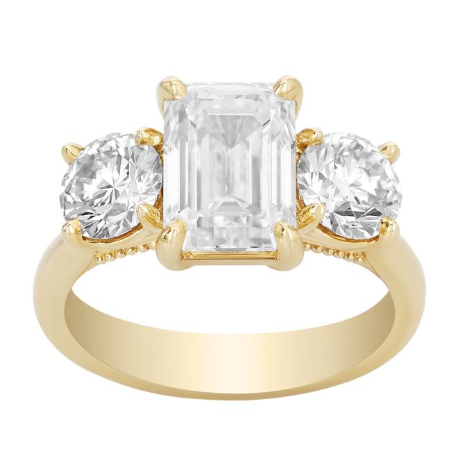Emerald Cut & Round Diamond 3 Stone Engagement Ring in Yellow Gold, 4.52 cttw