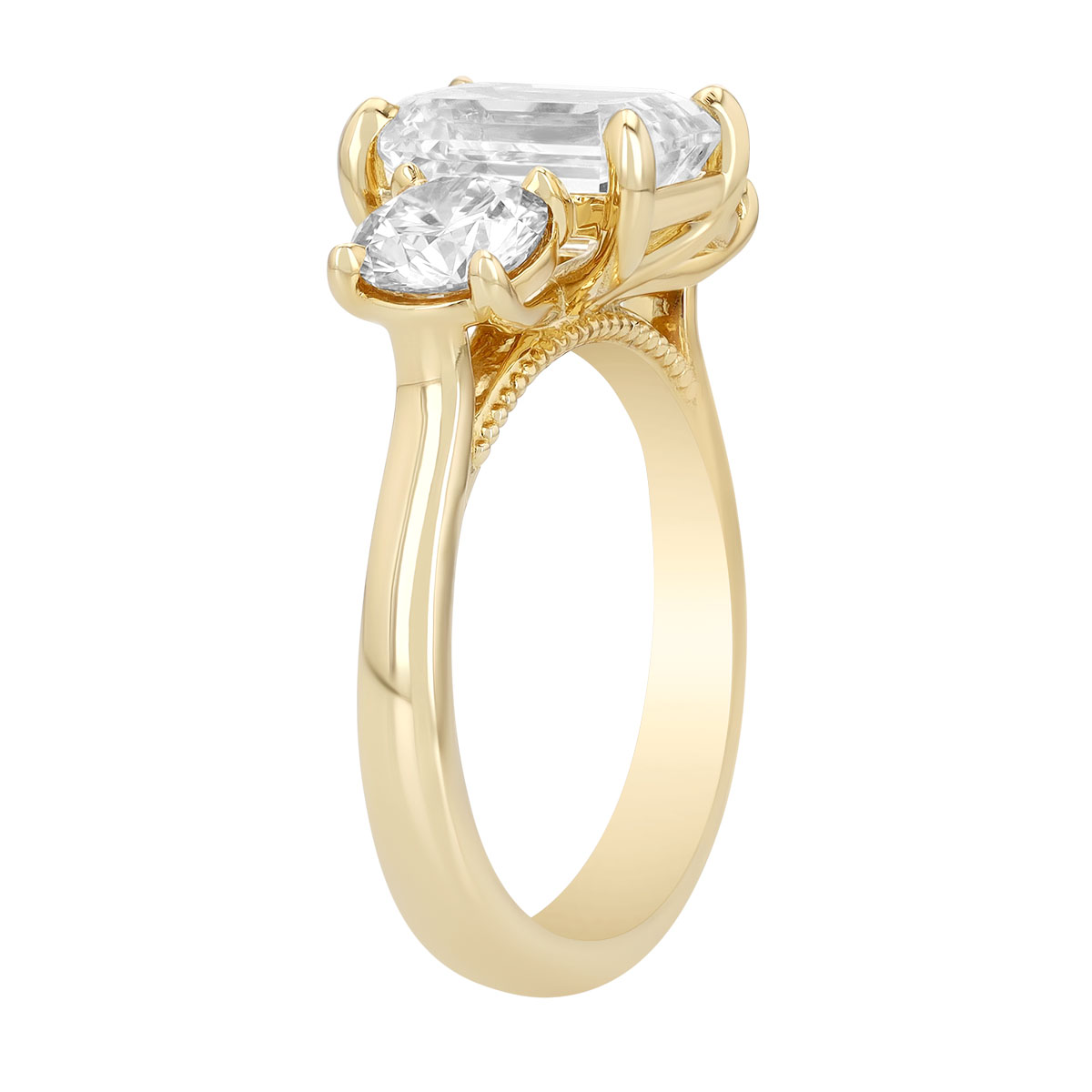 Emerald Cut & Round Diamond 3 Stone Engagement Ring in Yellow Gold, 4.52 cttw