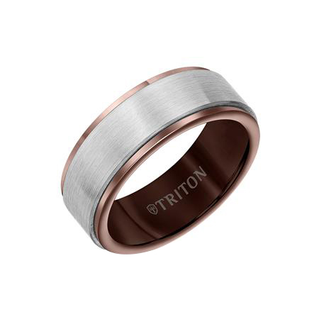 White & Espresso Tungsten Satin Center Step Edge 8 mm Wedding Band, Size 10