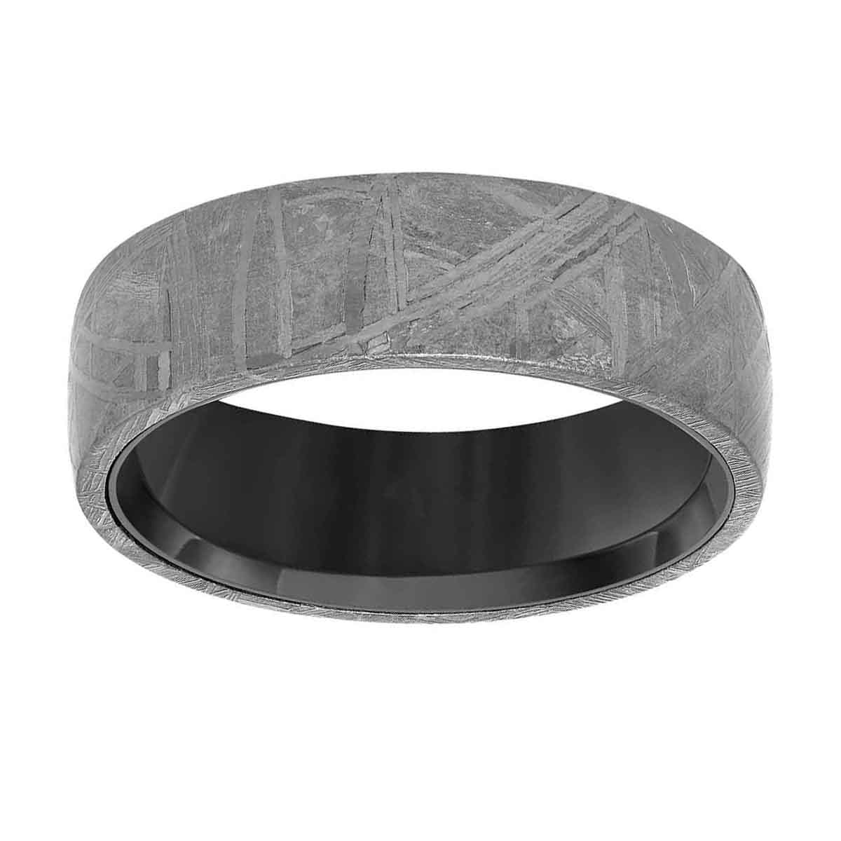 Meteorite & Black Tungsten Flat Beveled 7 mm Wedding Band, Size 10