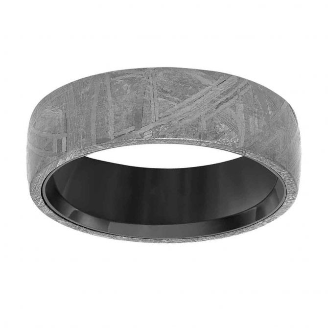Meteorite & Black Tungsten Flat Beveled 7 mm Wedding Band, Size 10