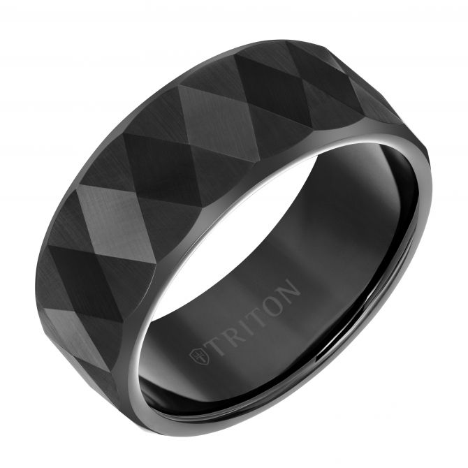 Black Tungsten Faceted Diamond Pattern 9 mm Wedding Band, Size 10