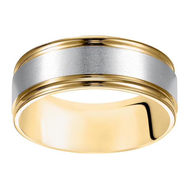 Yellow & White Gold Brushed Center Stripe Wedding Band, Size 10