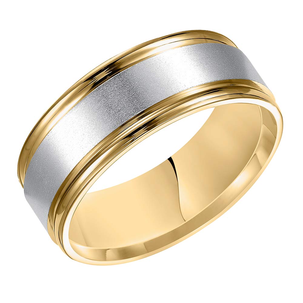 Yellow & White Gold Brushed Center Stripe Wedding Band, Size 10
