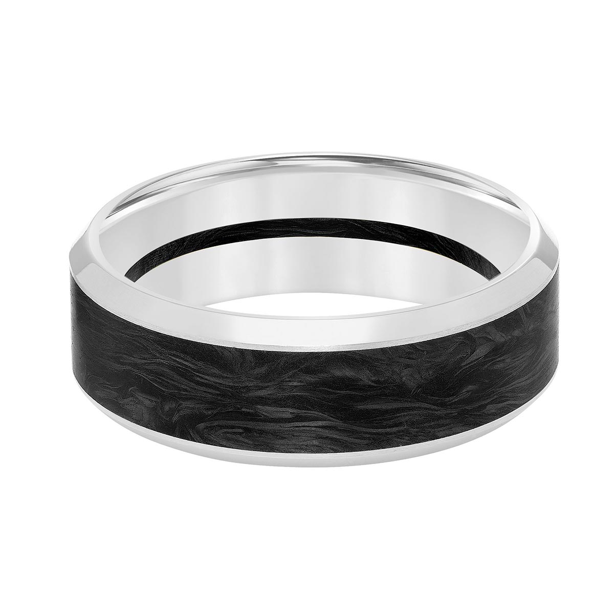 Black Carbon Fiber & White Gold 8 mm Wedding Band, Size 10