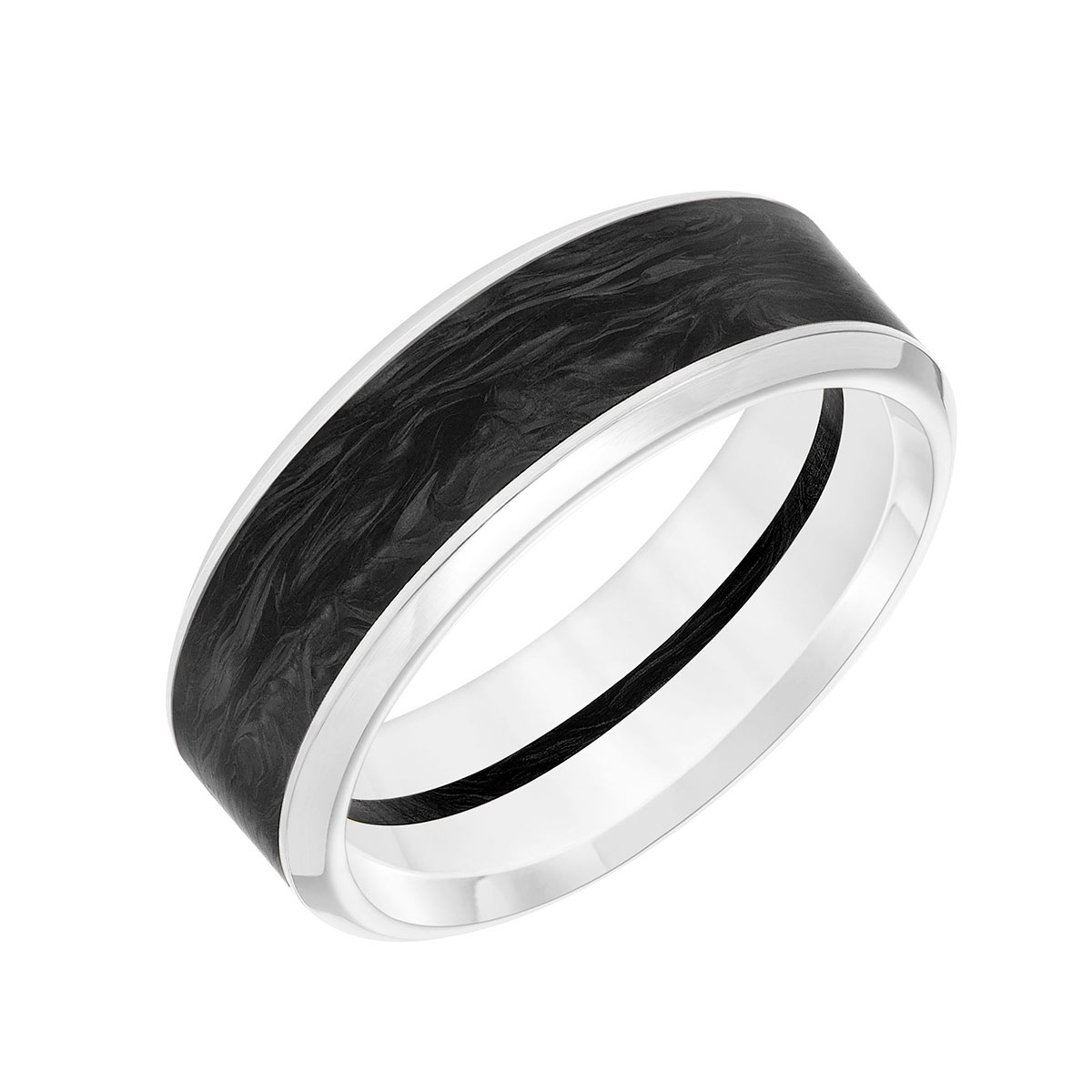 Black Carbon Fiber & White Gold 8 mm Wedding Band, Size 10