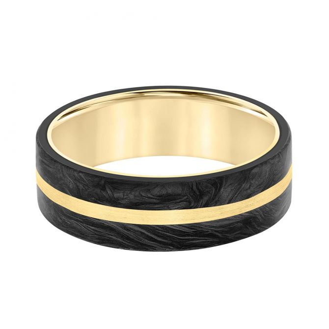 Black Forged Carbon 7 mm Wedding Band with Yellow Gold Center & Interior, Size 10