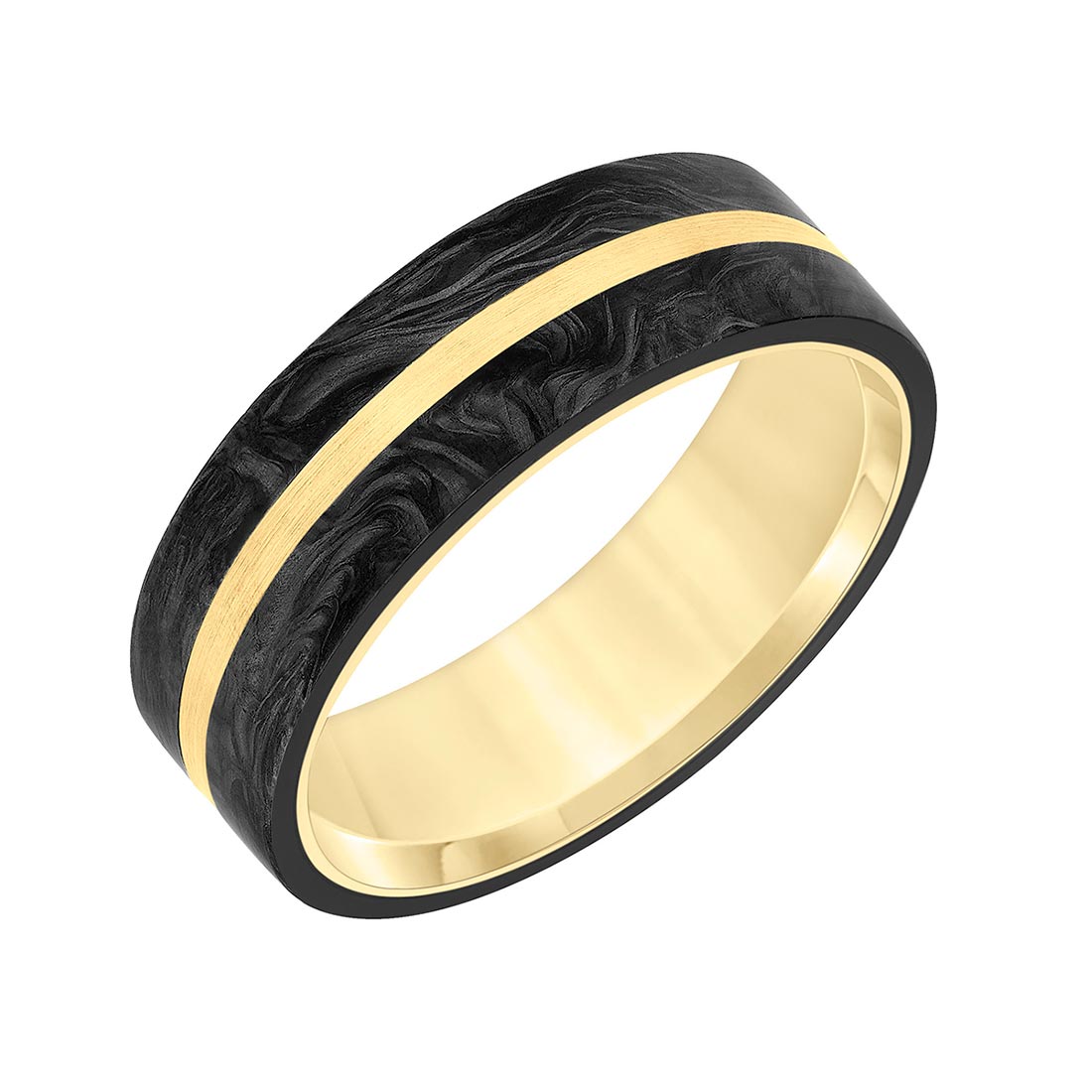 Black Forged Carbon 7 mm Wedding Band with Yellow Gold Center & Interior, Size 10