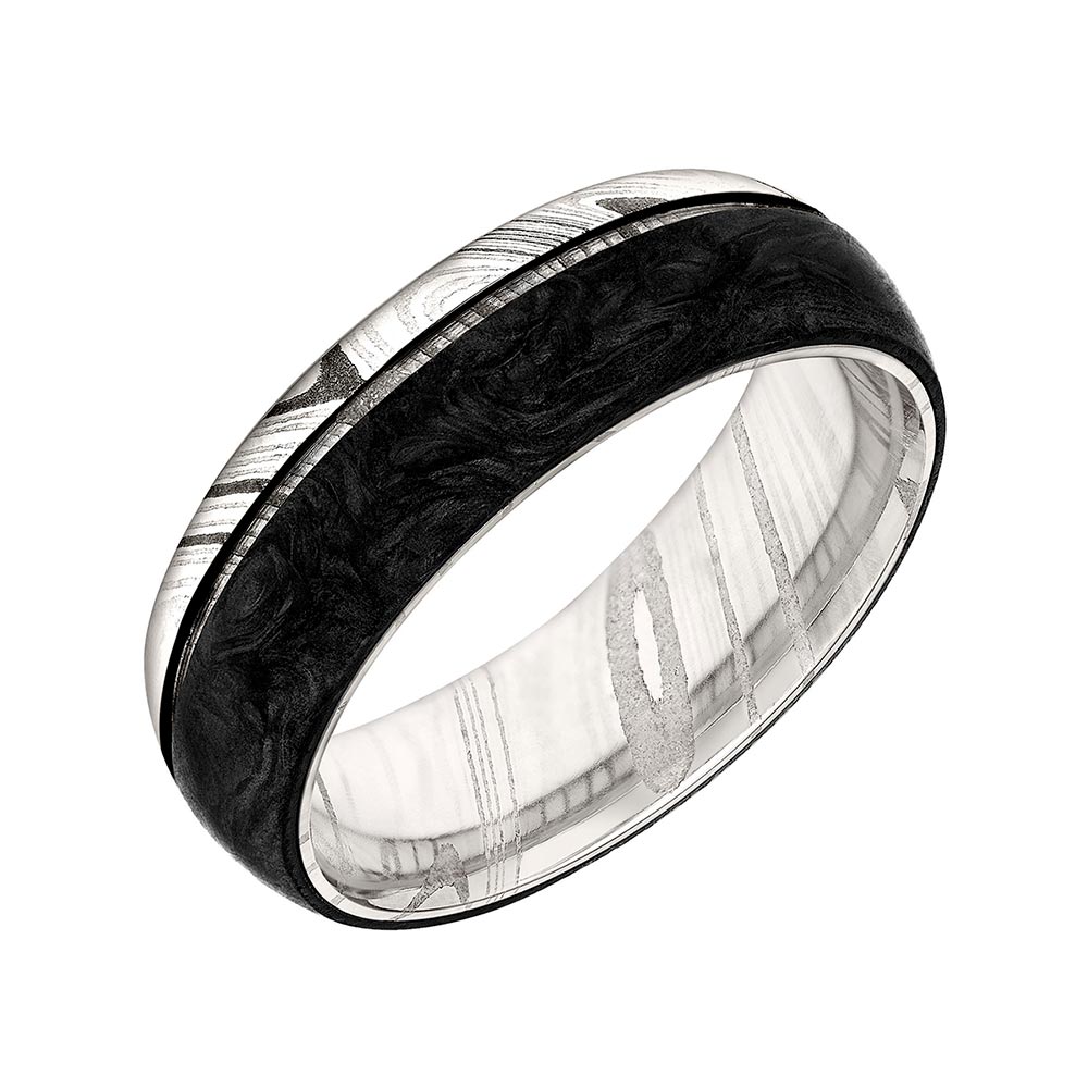 Damascus Steel & Black Forged Carbon 7 mm Wedding Band, Size 10