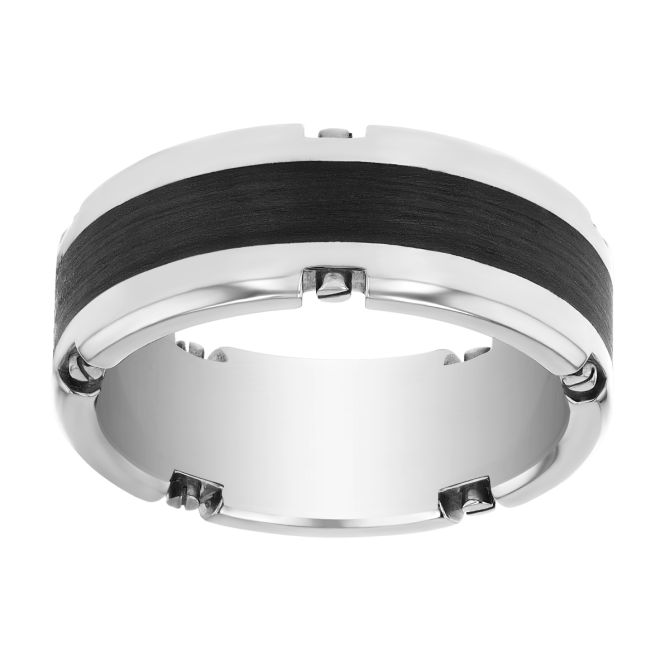 Furrer-Jacot White Gold & Carbon Fiber Notched Edge Wedding Band, Size 10