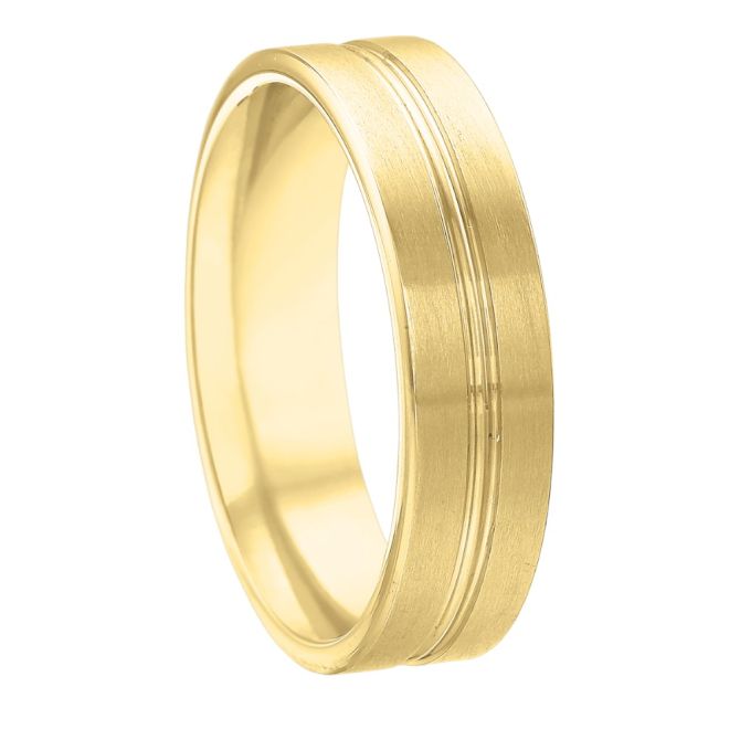 Yellow Gold Grooved Center Brushed Flat 6 mm Wedding Band, Size 10