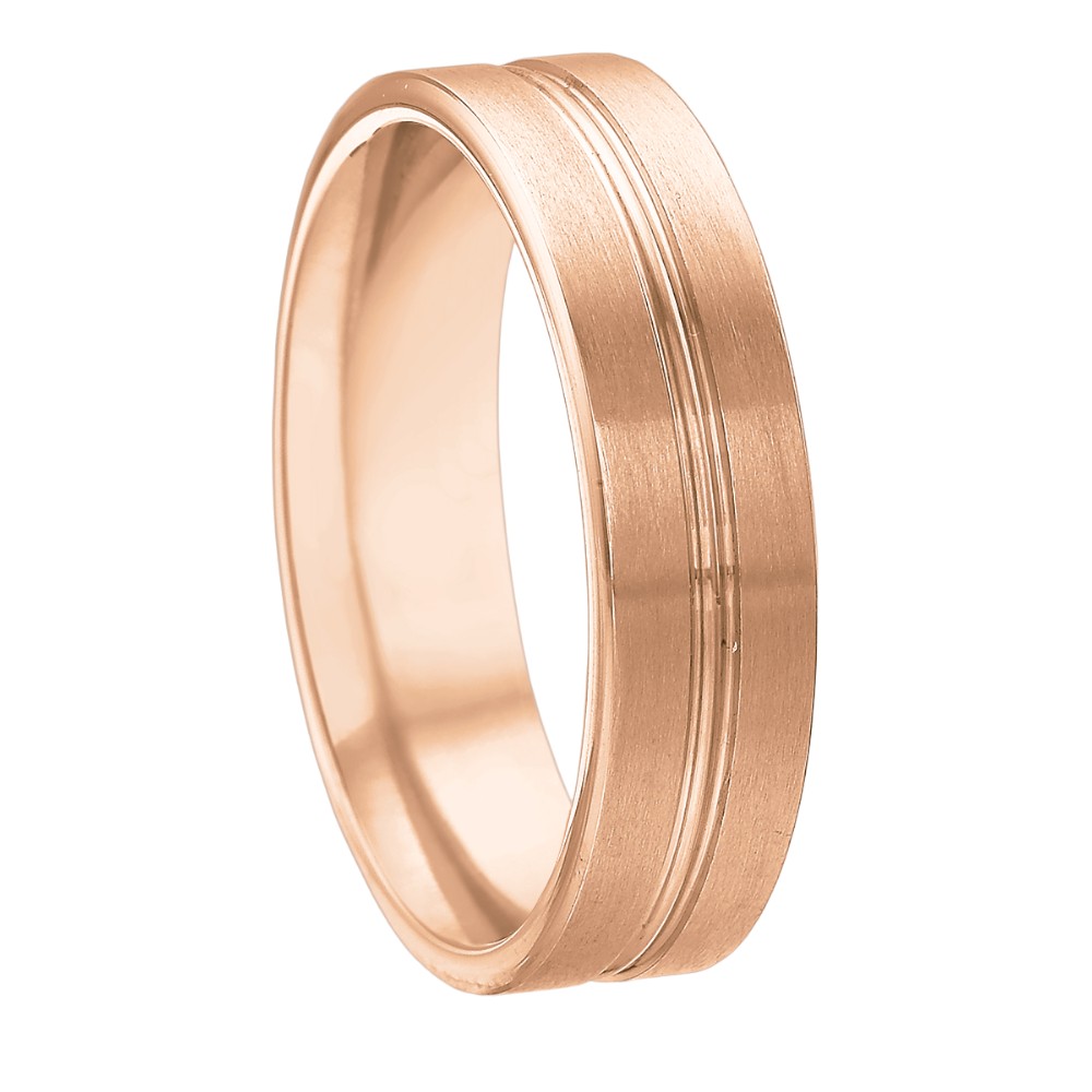 Rose Gold Grooved Center Brushed Flat 6 mm Wedding Band, Size 10