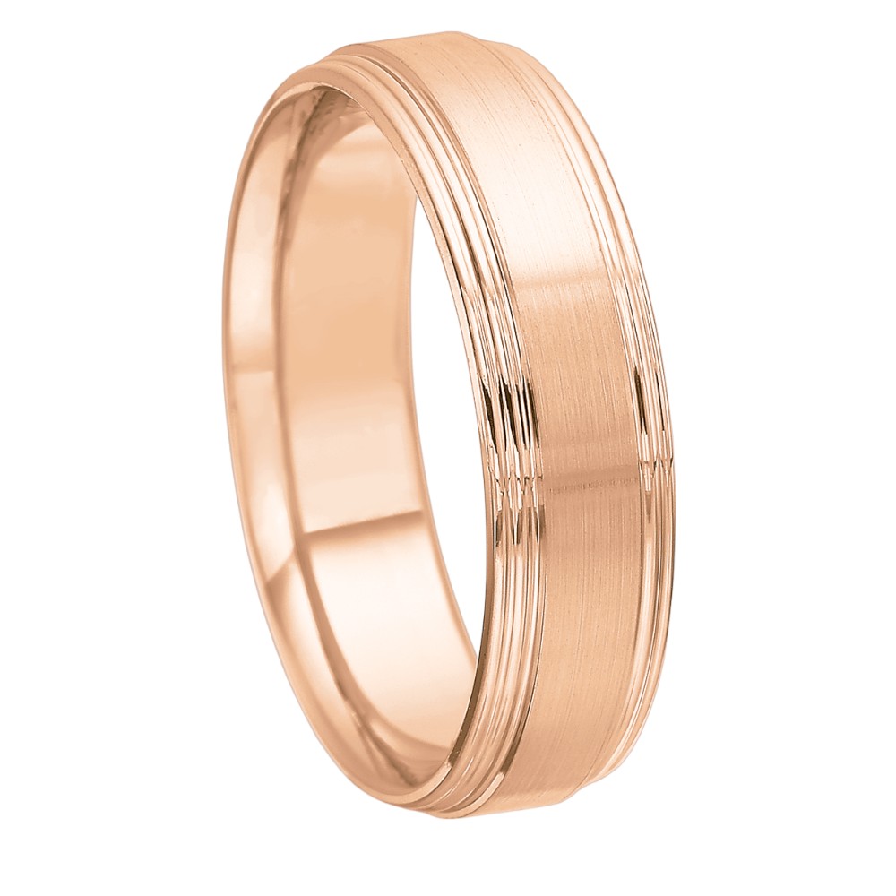 Rose Gold Grooved Step Edge Brushed 6 mm Band, Size 10
