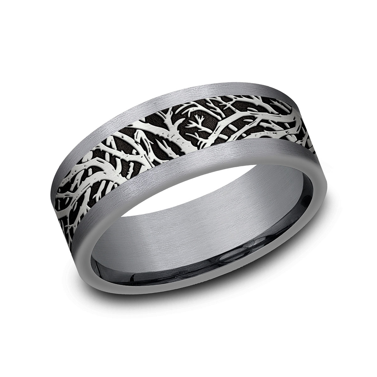Benchmark Grey Tantalum & Black Titanium Forest Pattern 8 mm Wedding Band, Size 10