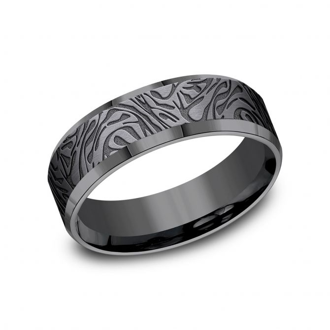 Benchmark Dark Tantalum Faux Mokume Pattern Beveled Edge 7 mm Wedding Band, Size 10