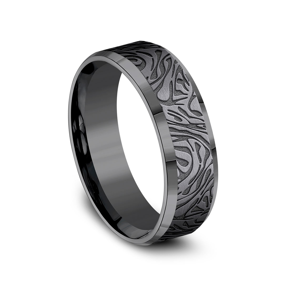 Benchmark Dark Tantalum Faux Mokume Pattern Beveled Edge 7 mm Wedding Band, Size 10